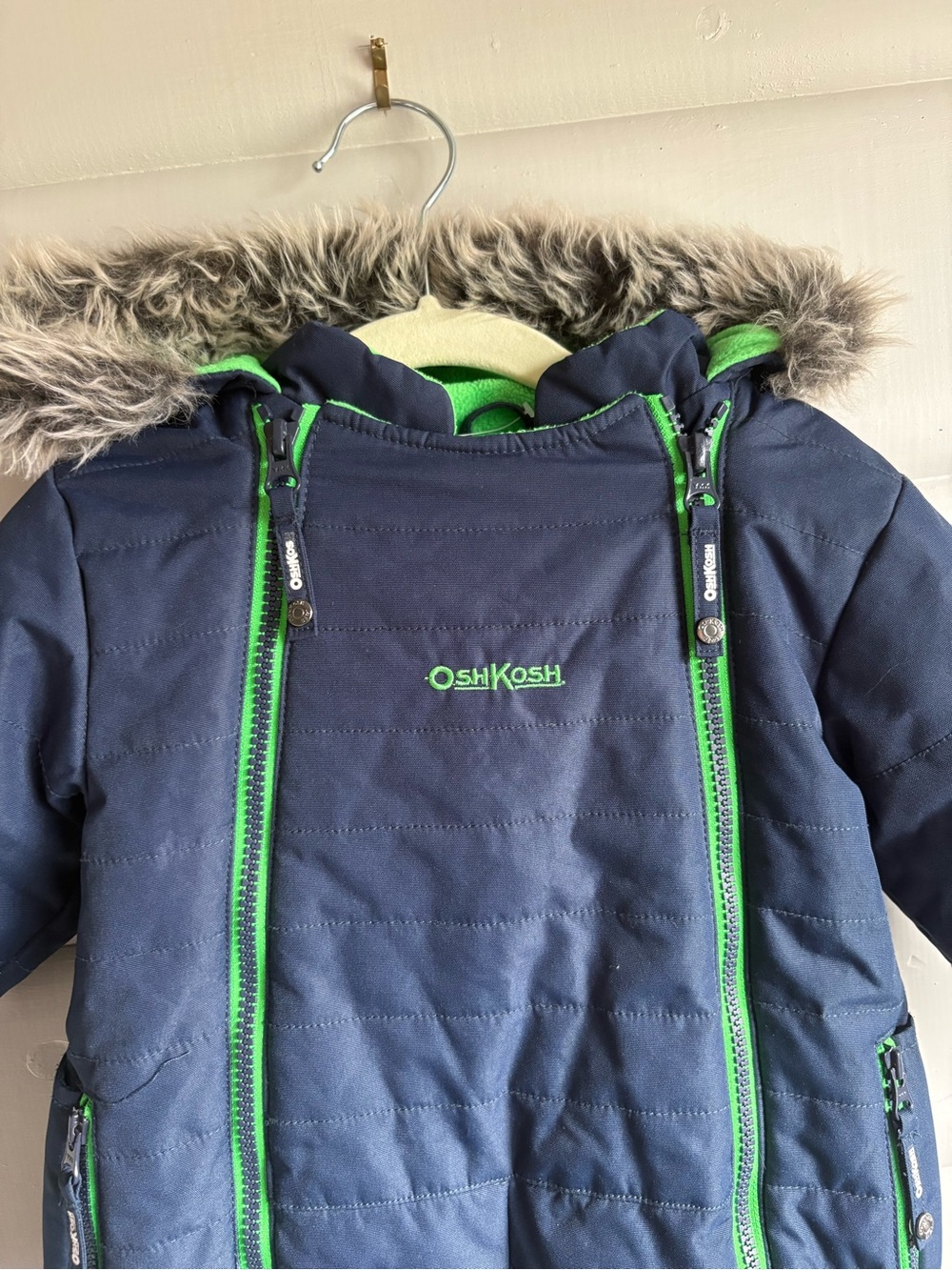 OshKosh 12M Bear Ear Hooded Navy Green Fleece-Lined Winter Snowsuit Fur Hood - Picture 5 of 7